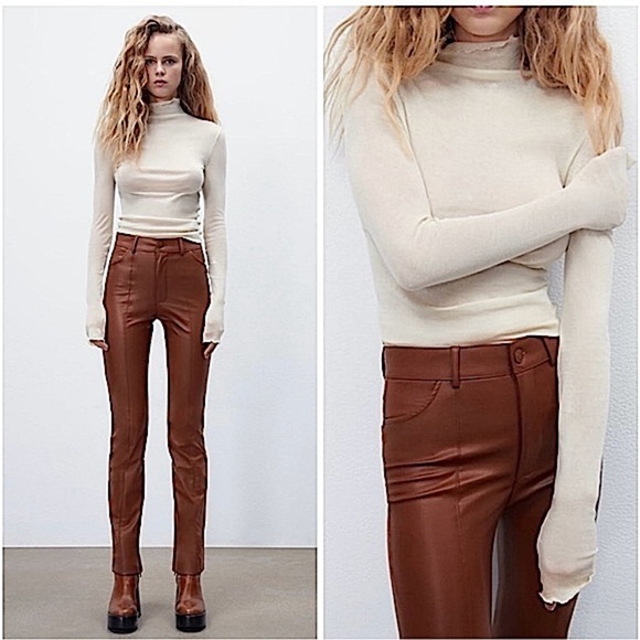 Zara Pants - 2/$30 Zara, High Rise Vegan Faux Leather Pants, Tan Brown, Size XS